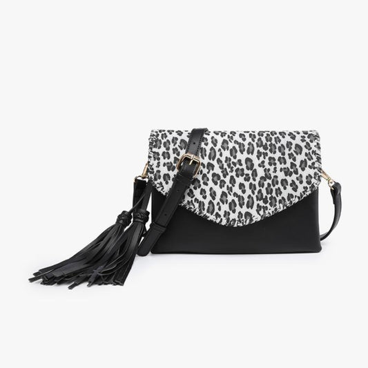 Sloane Flapover Black Grey Leopard Crossbody w/ Whipstitch and Tassel